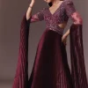 Wine Organze Flared Gown With 3D Draped Wings