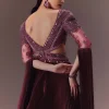 Wine Organze Flared Gown With 3D Draped Wings