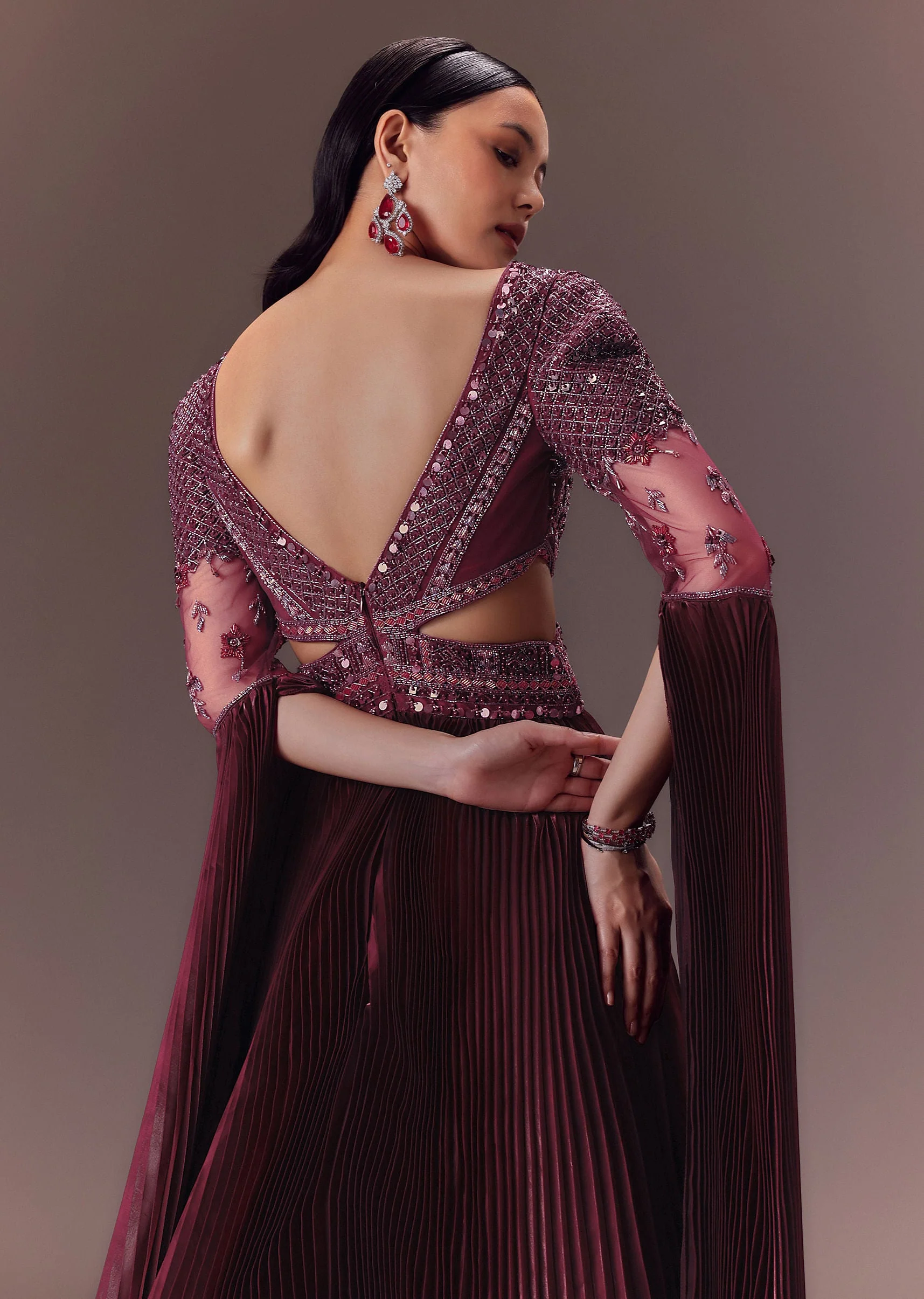 Wine Organze Flared Gown With 3D Draped Wings