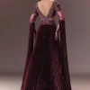 Wine Organze Flared Gown With 3D Draped Wings