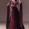 Wine Organze Flared Gown With 3D Draped Wings