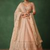 Peach Raw Silk Lehenga Set With Hand Embroidery