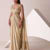 Golden Ready-To-Wear Embroidered Saree Gown In Gold Foil Fabric