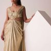 Golden Ready-To-Wear Embroidered Saree Gown In Gold Foil Fabric
