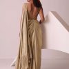 Golden Ready-To-Wear Embroidered Saree Gown In Gold Foil Fabric
