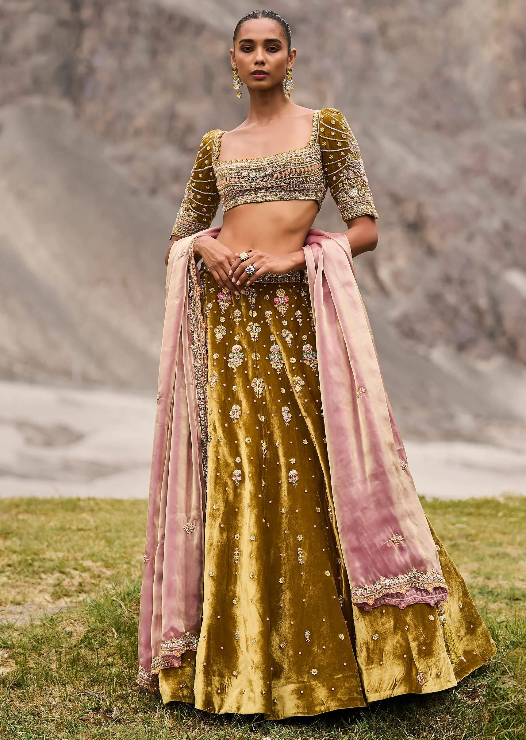 15496-mehendi-green-velvet-lehenga-with-butti-work-and-dupatta-1.webp Mehendi Green Velvet Lehenga With Butti Work And Dupatta