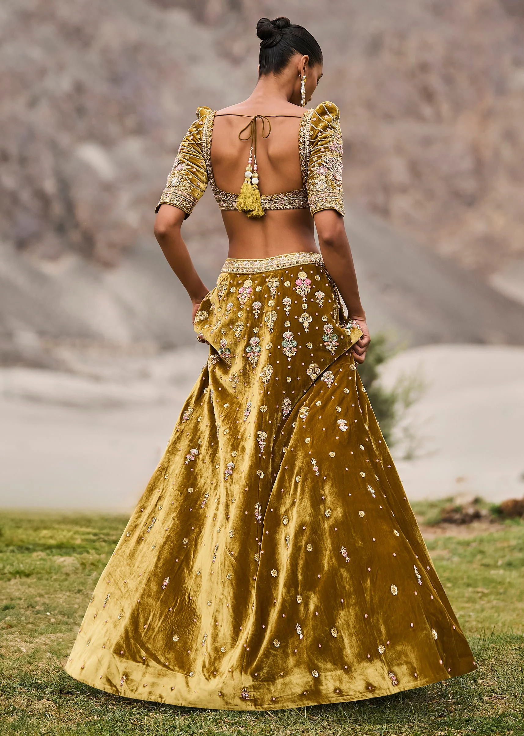 Mehendi Green Velvet Lehenga With Butti Work And Dupatta