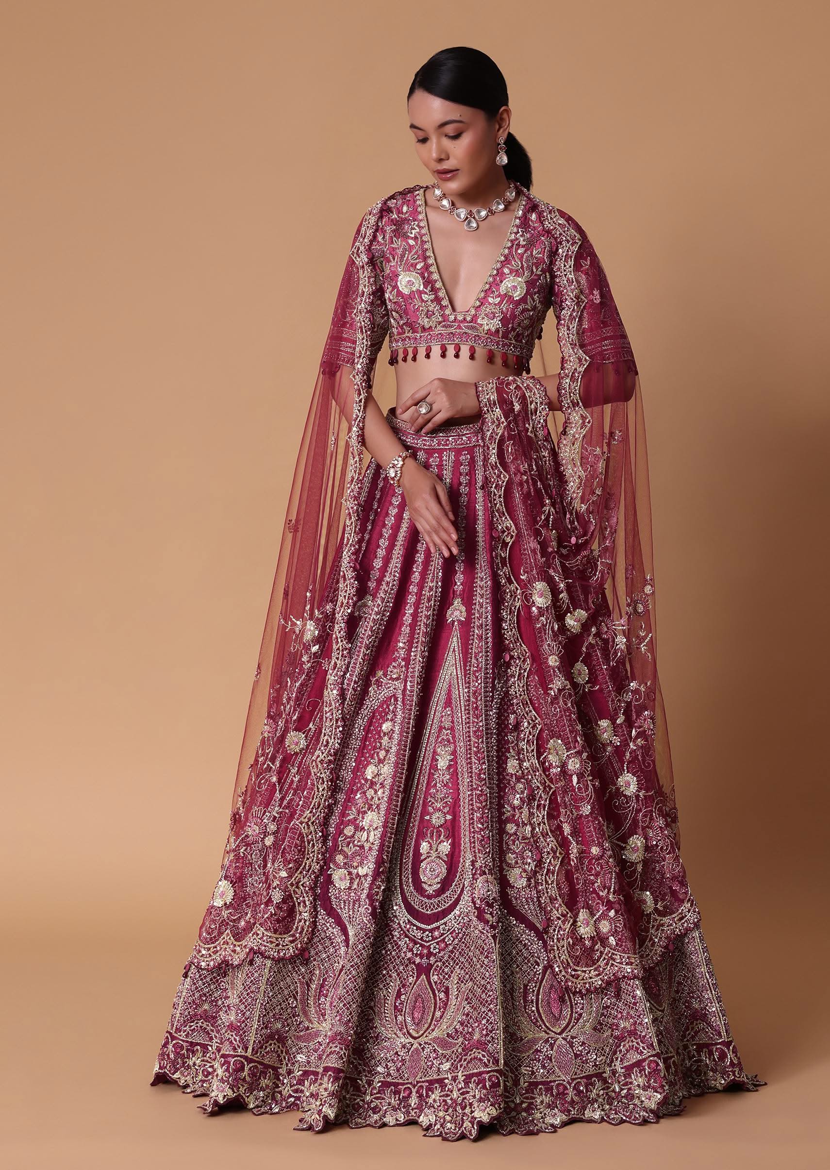 Red Raw Silk Cutdana Lehenga Set With Trail Dupatta