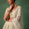Ivory Raw Silk Hand Embroidered Lehenga Set In Cutdana Work