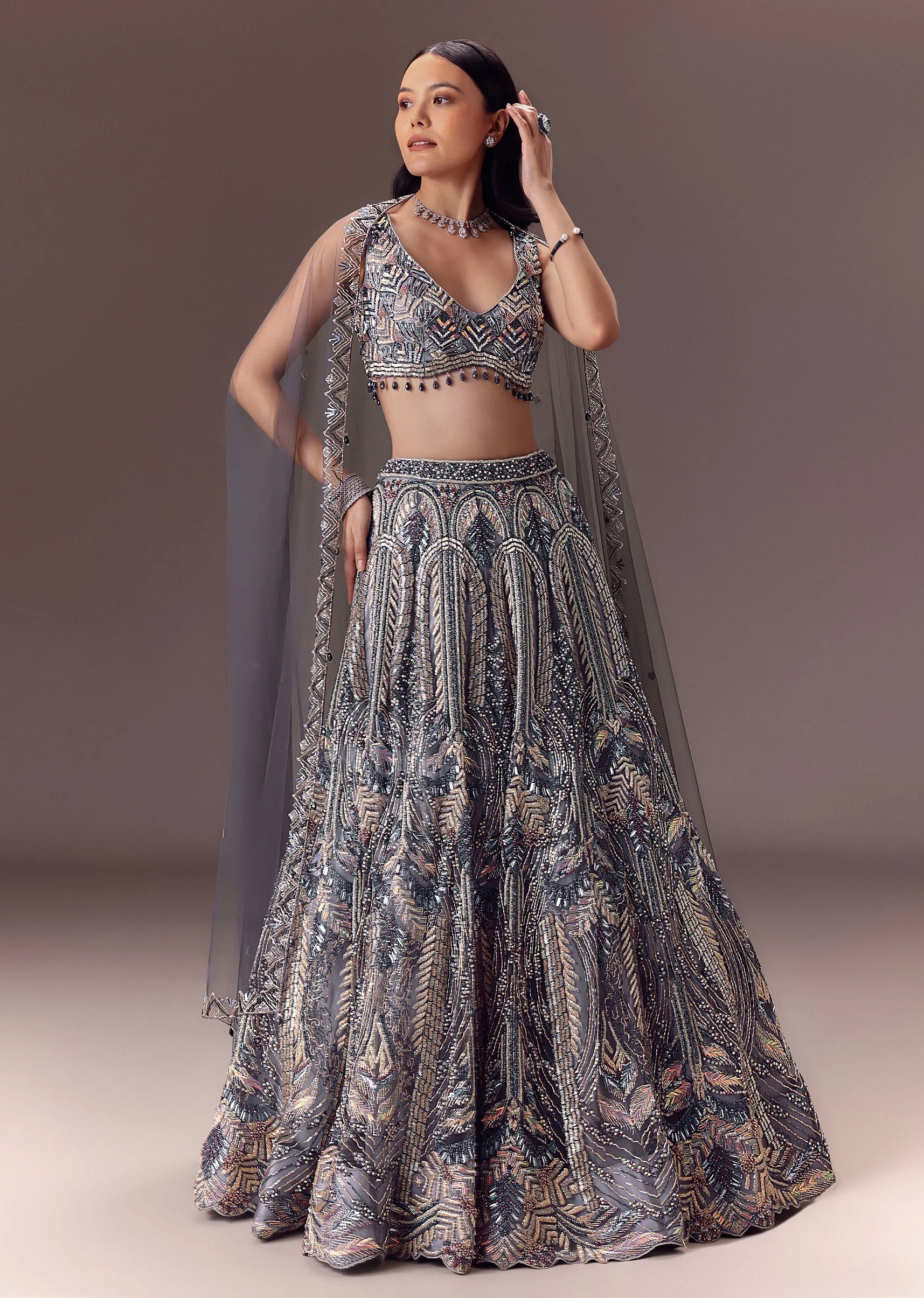 Grey Shimmer Net Lehenga Set With Cape Style Dupatta