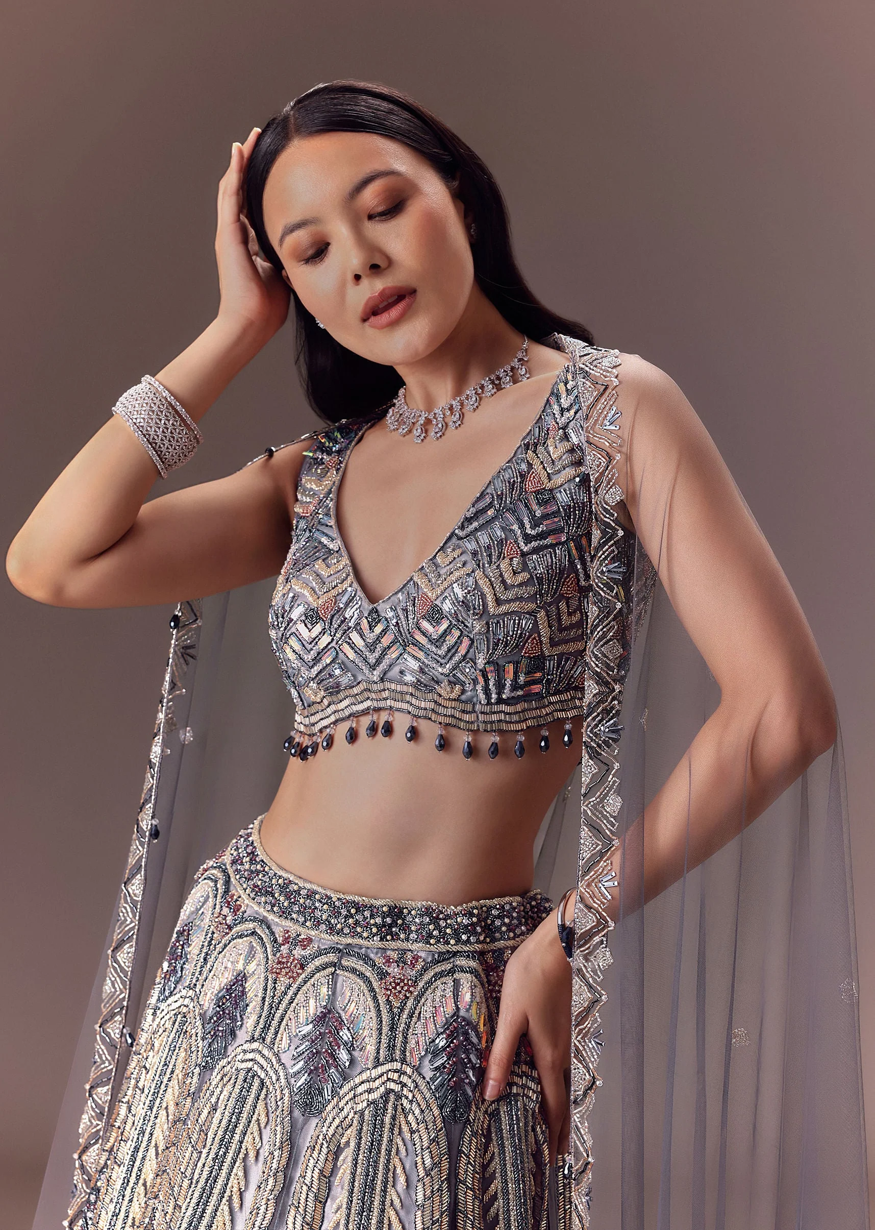 Grey Shimmer Net Lehenga Set With Cape Style Dupatta