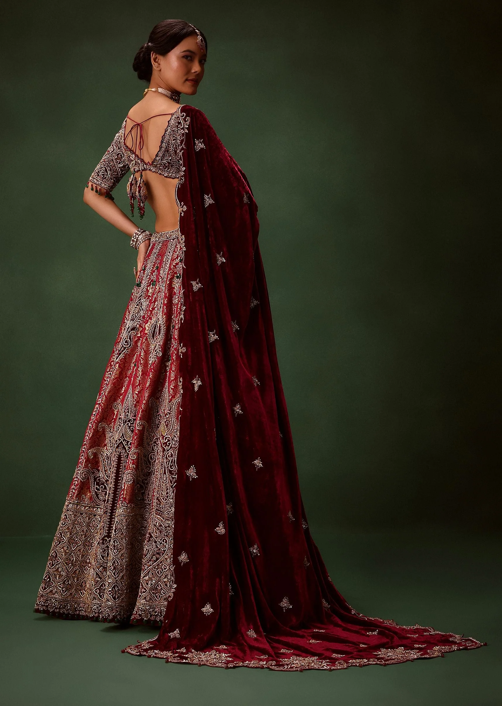 Maroon Brocade Lehenga Dupatta With Cross Body Blouse