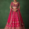 Cherry Red Hand Embroidered Raw Silk Lehenga Set With Dupatta