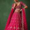 Cherry Red Hand Embroidered Raw Silk Lehenga Set With Dupatta