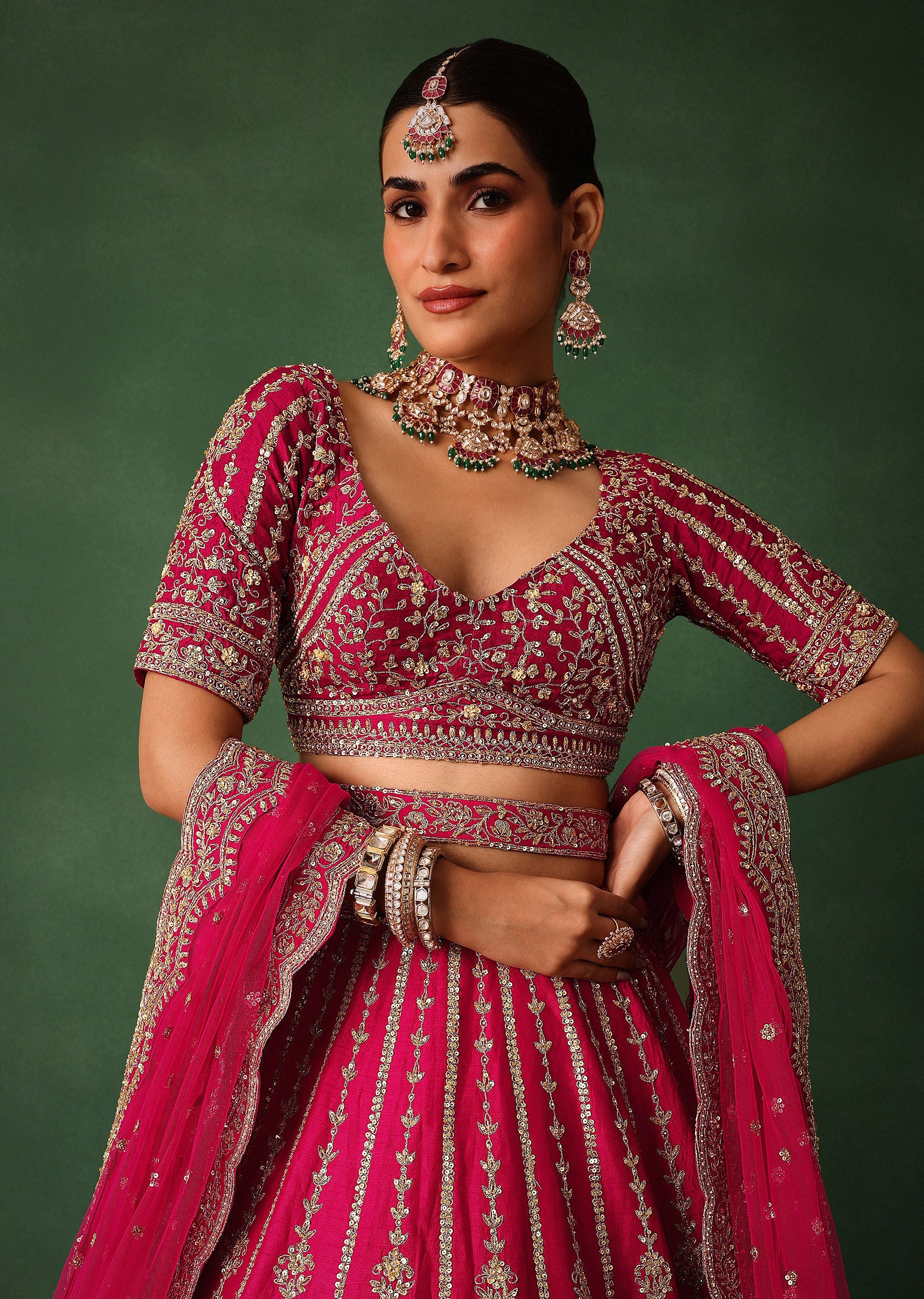 Cherry Red Hand Embroidered Raw Silk Lehenga Set With Dupatta