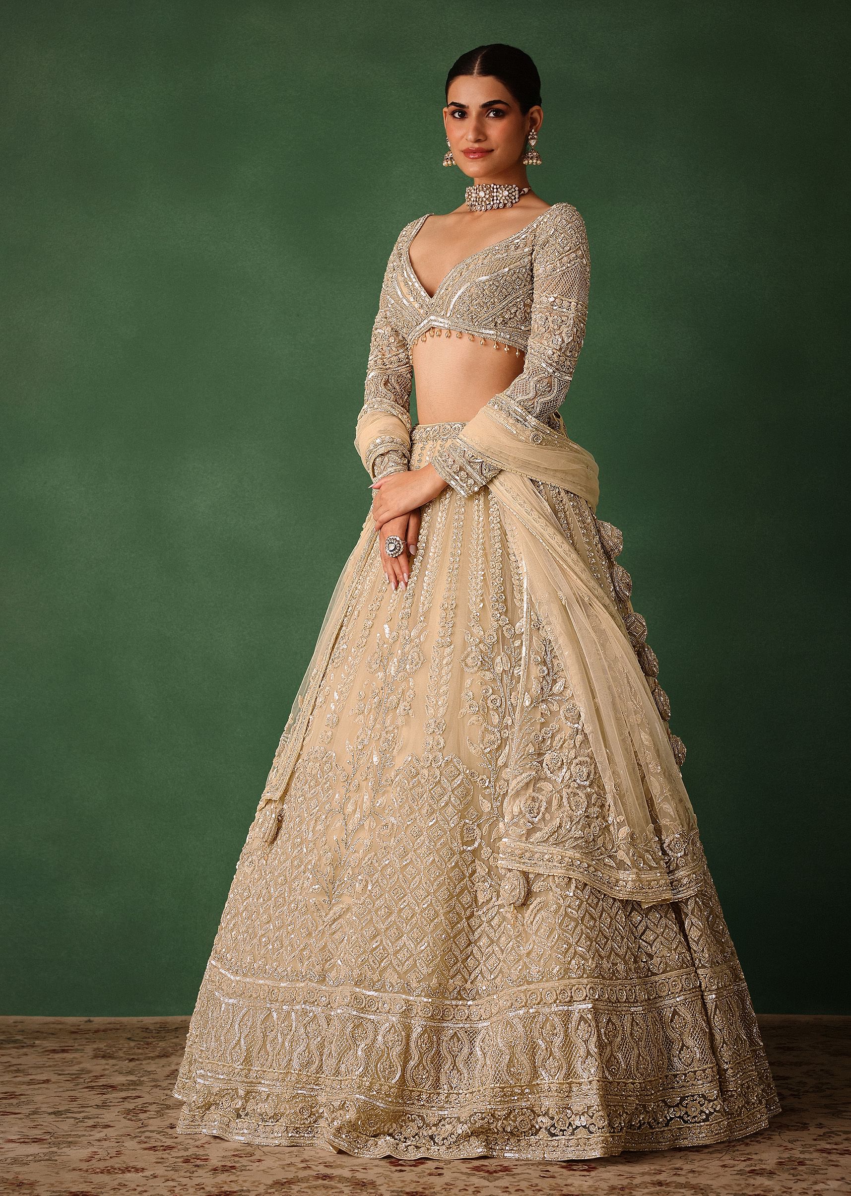 Gold Hand Embroidered Lehenga Set In Raw Silk With Dupatta