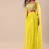 Citrus Green Draped Skirt With Embroidered Blouse And Cape