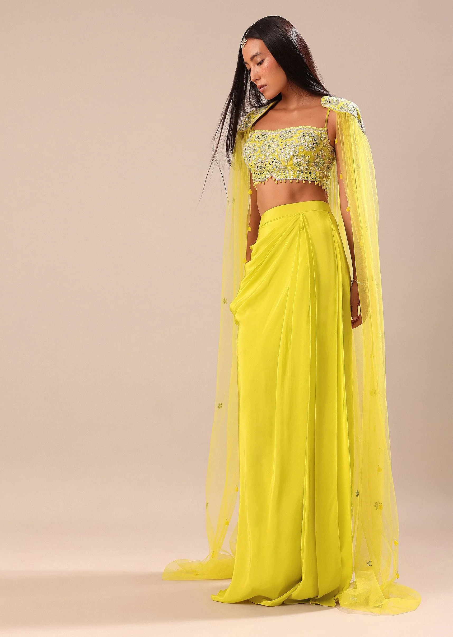 Citrus Green Draped Skirt With Embroidered Blouse And Cape