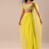 Citrus Green Draped Skirt With Embroidered Blouse And Cape