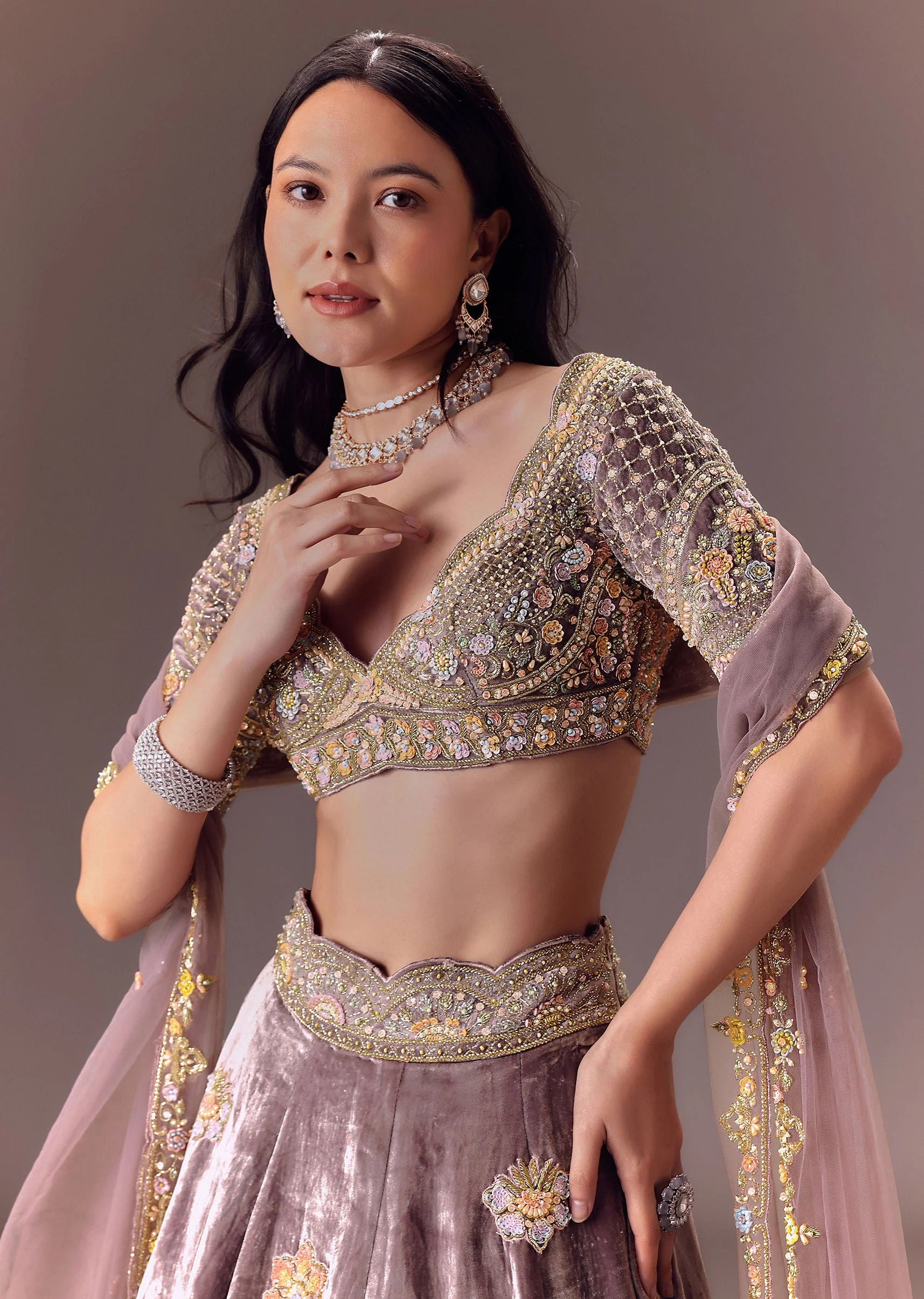 Purple Velvet Lehenga Set With Hand Work Patching