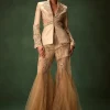 Golden Brocade Palazzo Suit With Frills