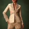 Golden Brocade Palazzo Suit With Frills