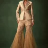 Golden Brocade Palazzo Suit With Frills