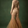 Golden Brocade Palazzo Suit With Frills