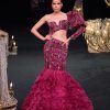 Wine Fish Cut One Shoulder Gown With 3D Organza Frills