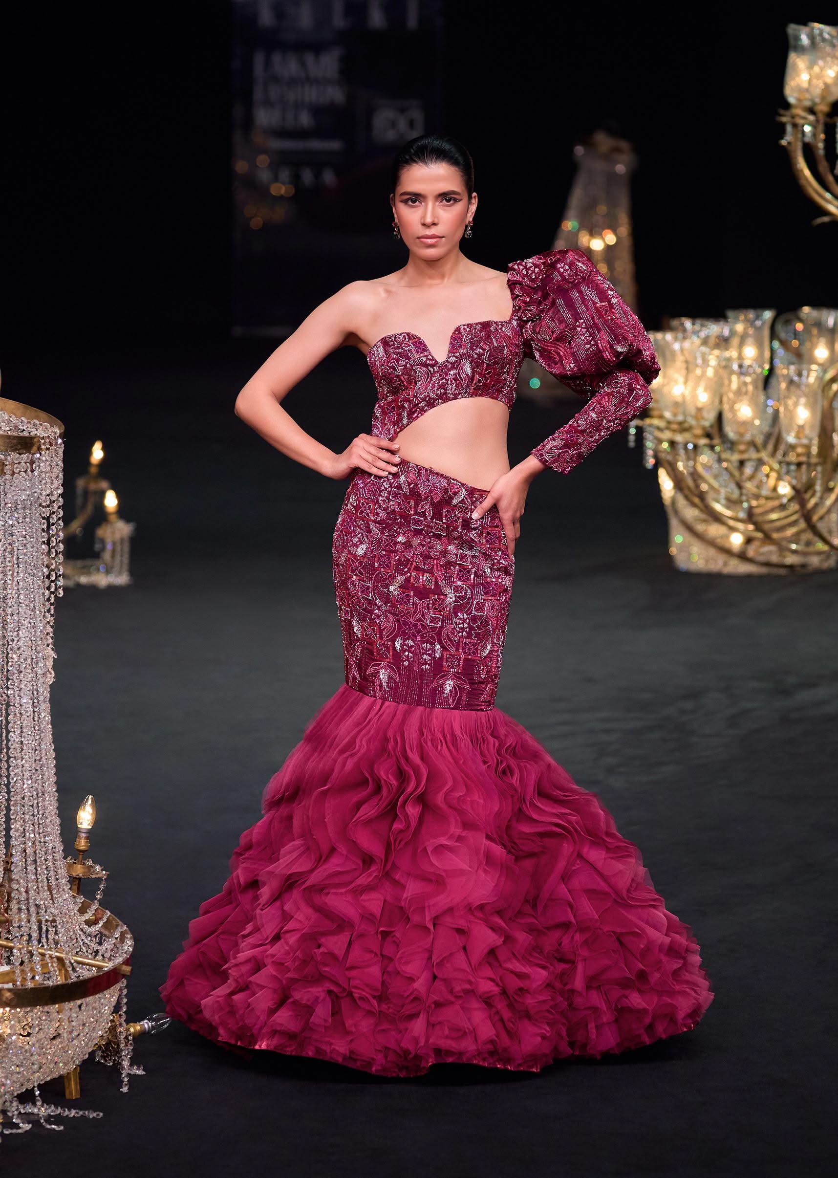 15691-wine-fish-cut-one-shoulder-gown-with-3d-organza-frills-1.jpg Wine Fish Cut One Shoulder Gown With 3D Organza Frills