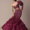 Wine Fish Cut One Shoulder Gown With 3D Organza Frills