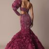 Wine Fish Cut One Shoulder Gown With 3D Organza Frills