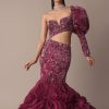 Wine Fish Cut One Shoulder Gown With 3D Organza Frills