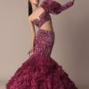 Wine Fish Cut One Shoulder Gown With 3D Organza Frills