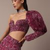 Wine Fish Cut One Shoulder Gown With 3D Organza Frills