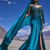 Peacock Green Embroidered Satin Gown With Sweetheart Neckline