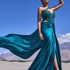 Peacock Green Embroidered Satin Gown With Sweetheart Neckline