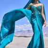 Peacock Green Embroidered Satin Gown With Sweetheart Neckline