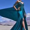 Peacock Green Embroidered Satin Gown With Sweetheart Neckline