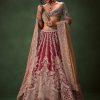 Maroon Raw Silk Lotus Embroidered Kali Lehenga Dupatta Set