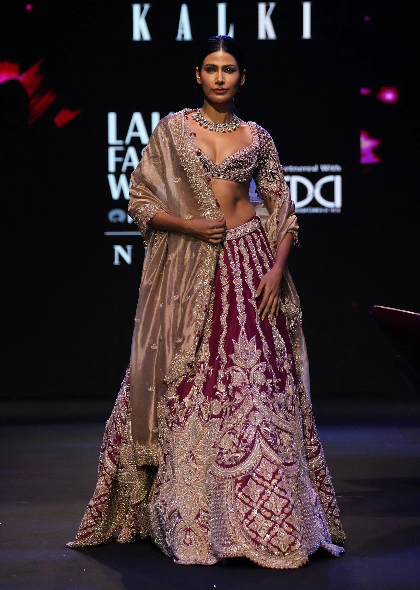 Maroon Raw Silk Lotus Embroidered Kali Lehenga Dupatta Set