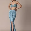 Blue Fish Cut Gathered Zardosi Draped Skirt And Tassel Jacket Set