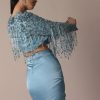 Blue Fish Cut Gathered Zardosi Draped Skirt And Tassel Jacket Set