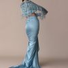 Blue Fish Cut Gathered Zardosi Draped Skirt And Tassel Jacket Set