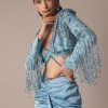 Blue Fish Cut Gathered Zardosi Draped Skirt And Tassel Jacket Set