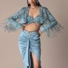 Blue Fish Cut Gathered Zardosi Draped Skirt And Tassel Jacket Set
