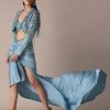 Blue Fish Cut Gathered Zardosi Draped Skirt And Tassel Jacket Set