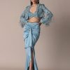 Blue Fish Cut Gathered Zardosi Draped Skirt And Tassel Jacket Set