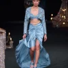 Blue Fish Cut Gathered Zardosi Draped Skirt And Tassel Jacket Set