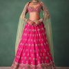 Deep Pink Bridal Butti Work Lehenga With Tassels on Blouse And Dupatta